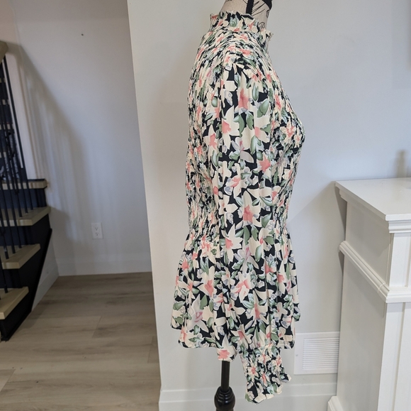 FASHION | Women's Multicolor Smocked Floral Mock Neck Long Sleeved Top - Picture 6 of 8